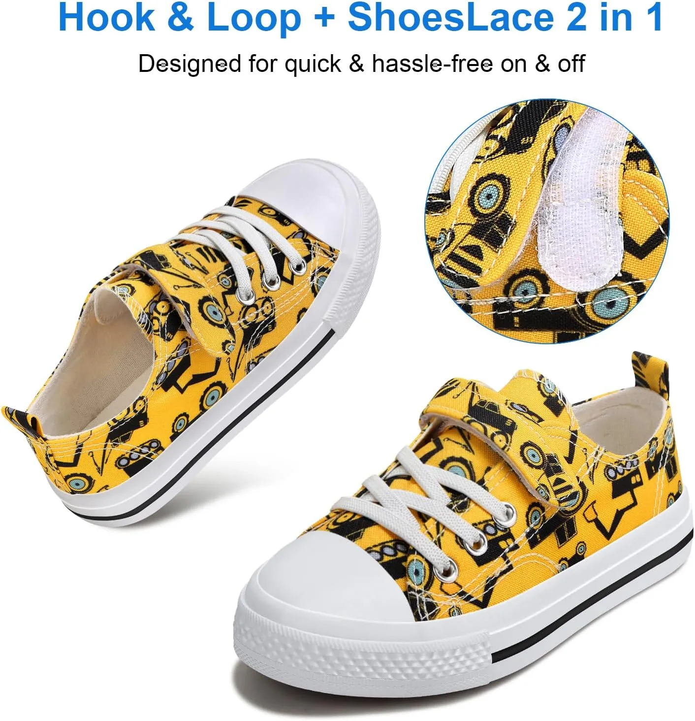 Toddler Boys Girls Slip On Canvas Sneakers Cartoon Dinasour Printed Little Kid Unisex Adjustable Strap Walking Shoes Lazy Shoes with Hook and Loops
