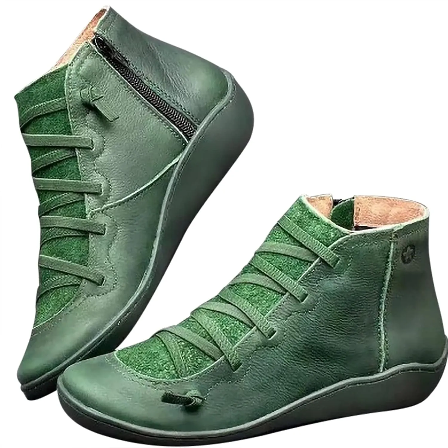 Women Casual Flat Booties Shoes Lace Up Comfort Walking Boots Solid Leather Ankle Bootie Lightweight Sneakers