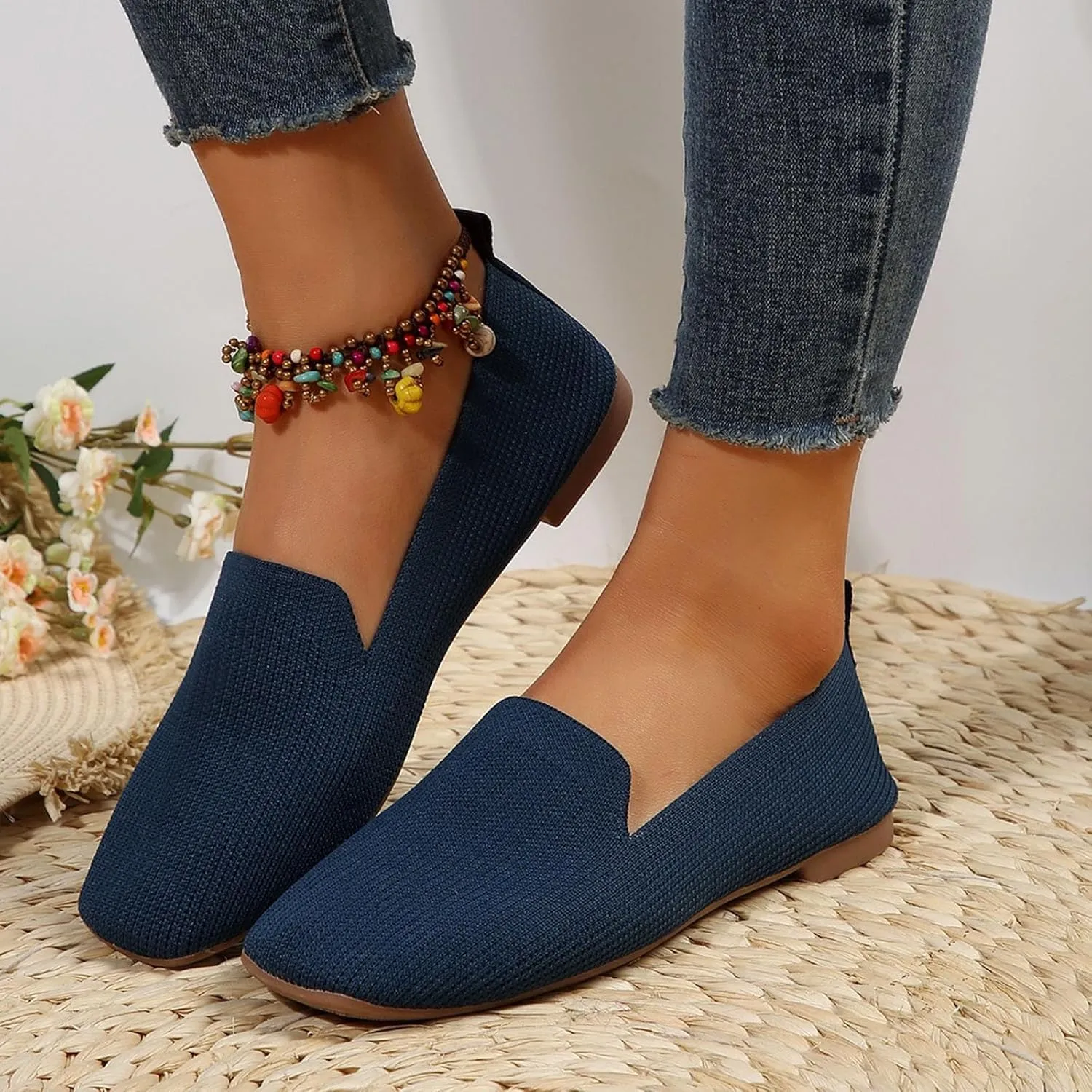 Women Casual Shoes Fashion Simple Solid Color Simple Square Toe Mesh Breathable and Comfortable Flat Slip High Heel