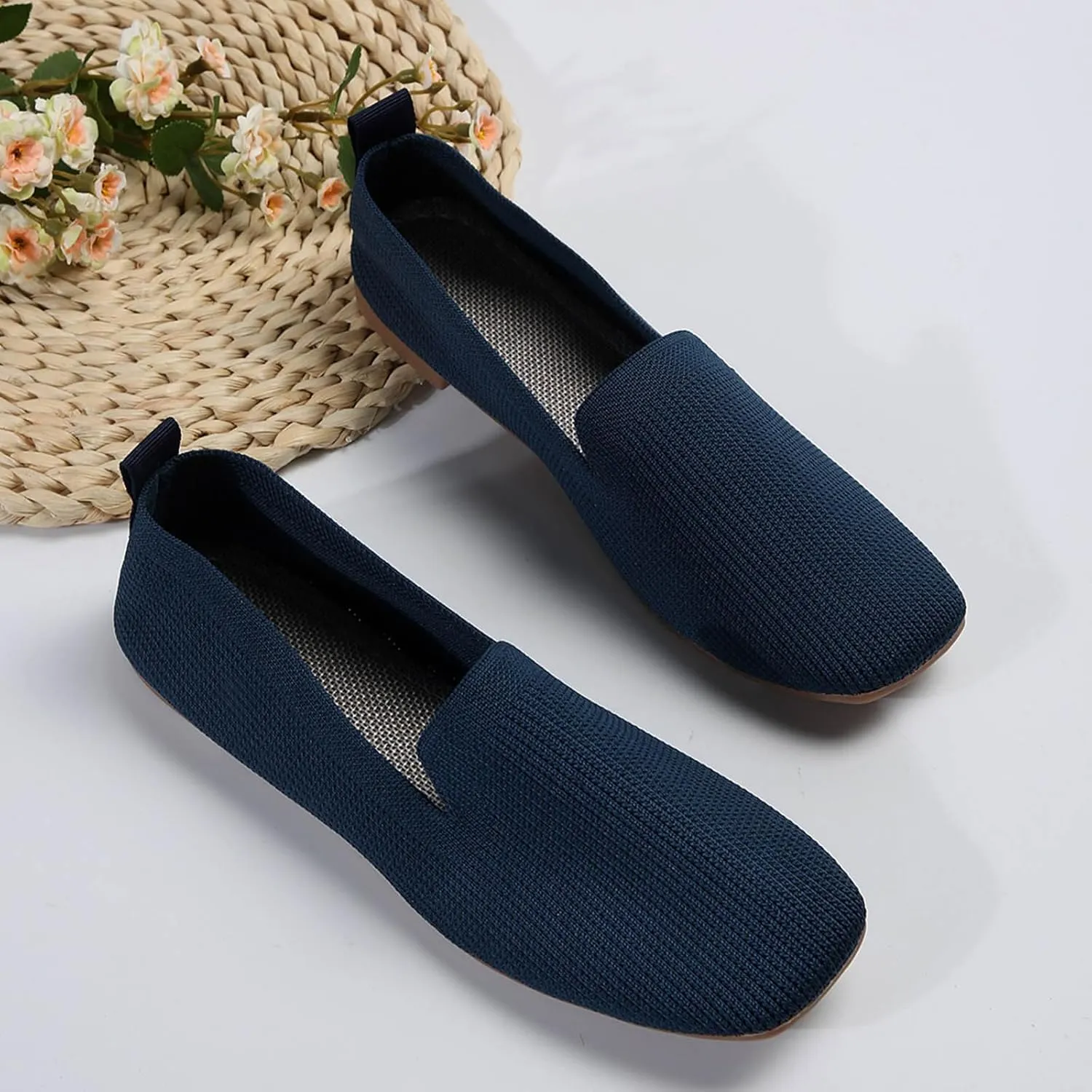 Women Casual Shoes Fashion Simple Solid Color Simple Square Toe Mesh Breathable and Comfortable Flat Slip High Heel