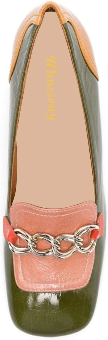 Women Fashion Chain Chunky High Heel Slip on Loafers Closed Round Toe Casual Party Event Pumps Size 4-16 US