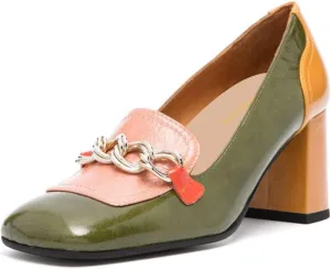 Women Fashion Chain Chunky High Heel Slip on Loafers Closed Round Toe Casual Party Event Pumps Size 4-16 US