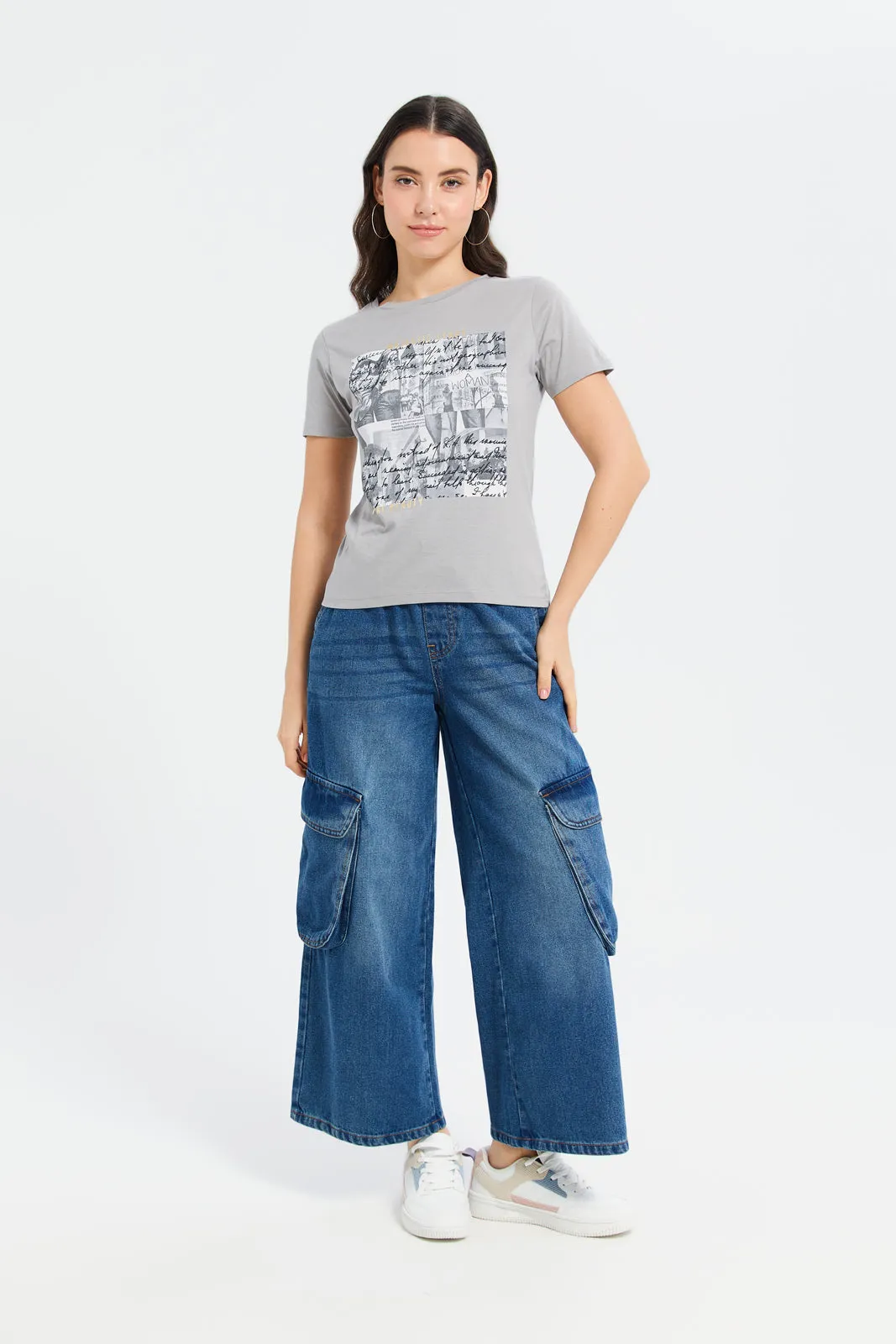 Women Grey Foil Printed T-Shirt