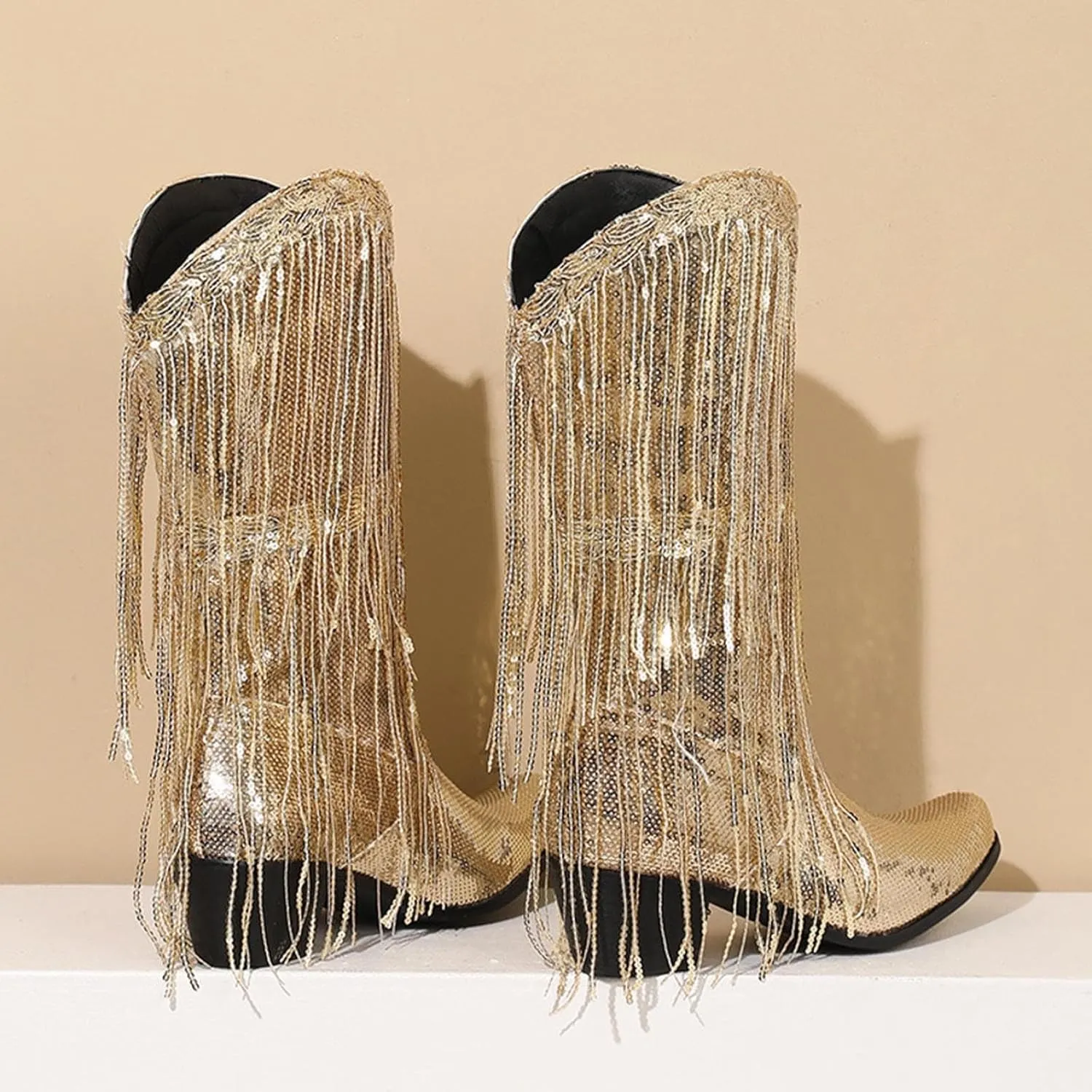 Women Mid Calf Boots Fashionable New Pattern Sequin Decoration Tassel Boots Pointed Thick Boots for Women Wide Calf Heel
