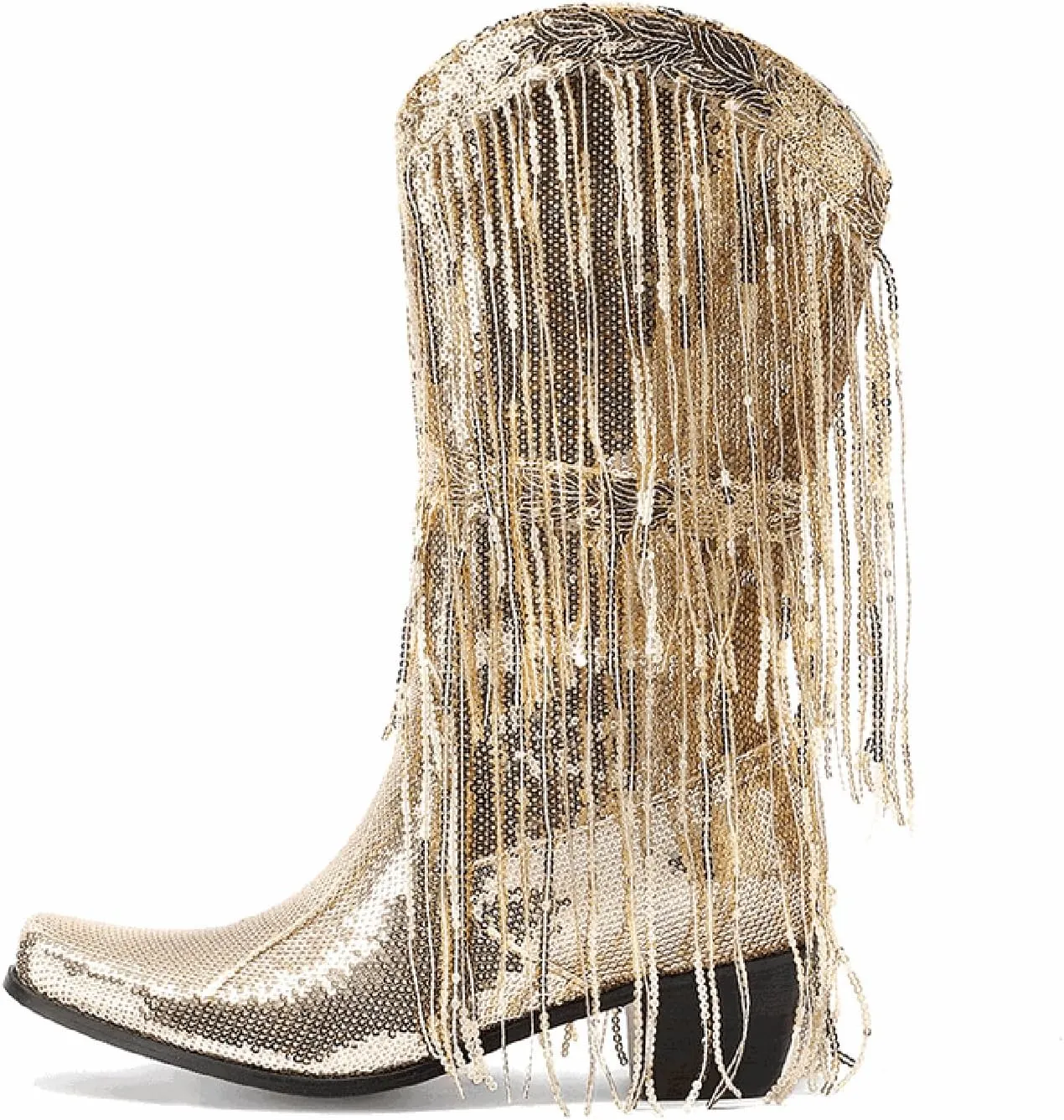 Women Mid Calf Boots Fashionable New Pattern Sequin Decoration Tassel Boots Pointed Thick Boots for Women Wide Calf Heel