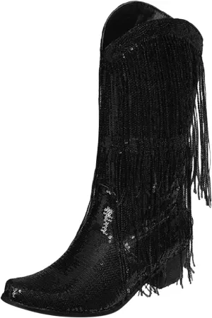 Women Mid Calf Boots Fashionable New Pattern Sequin Decoration Tassel Boots Pointed Thick Boots for Women Wide Calf Heel