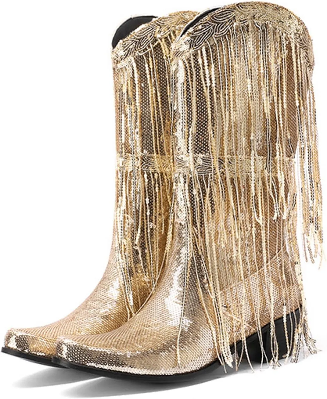 Women Mid Calf Boots Fashionable New Pattern Sequin Decoration Tassel Boots Pointed Thick Boots for Women Wide Calf Heel