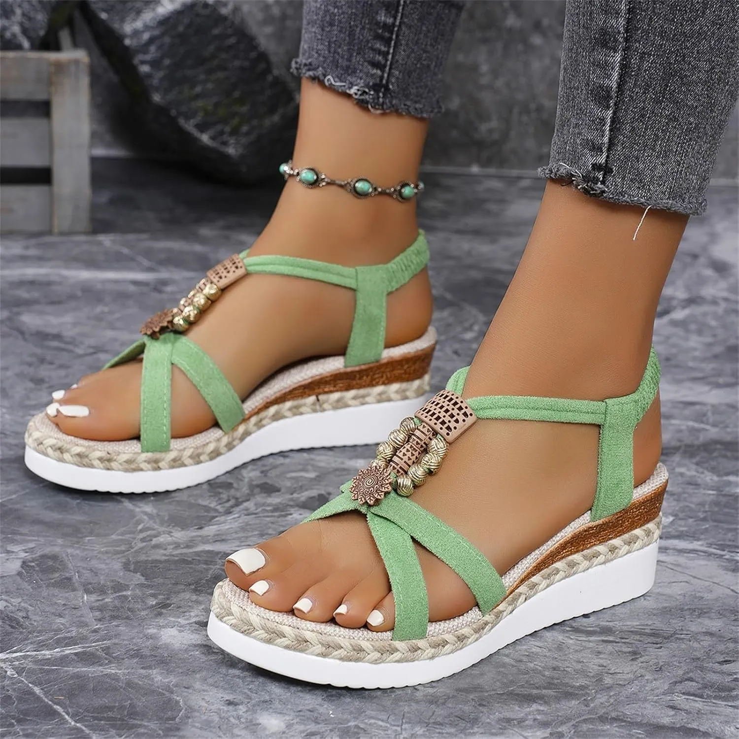 Women's Bohemian Fabric Wedge Sandals Summer Casual Beach Shoes with 5cm Heel for Jeans Outfits