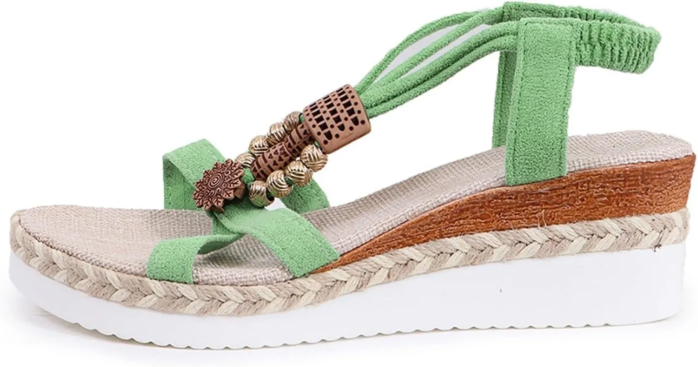 Women's Bohemian Fabric Wedge Sandals Summer Casual Beach Shoes with 5cm Heel for Jeans Outfits