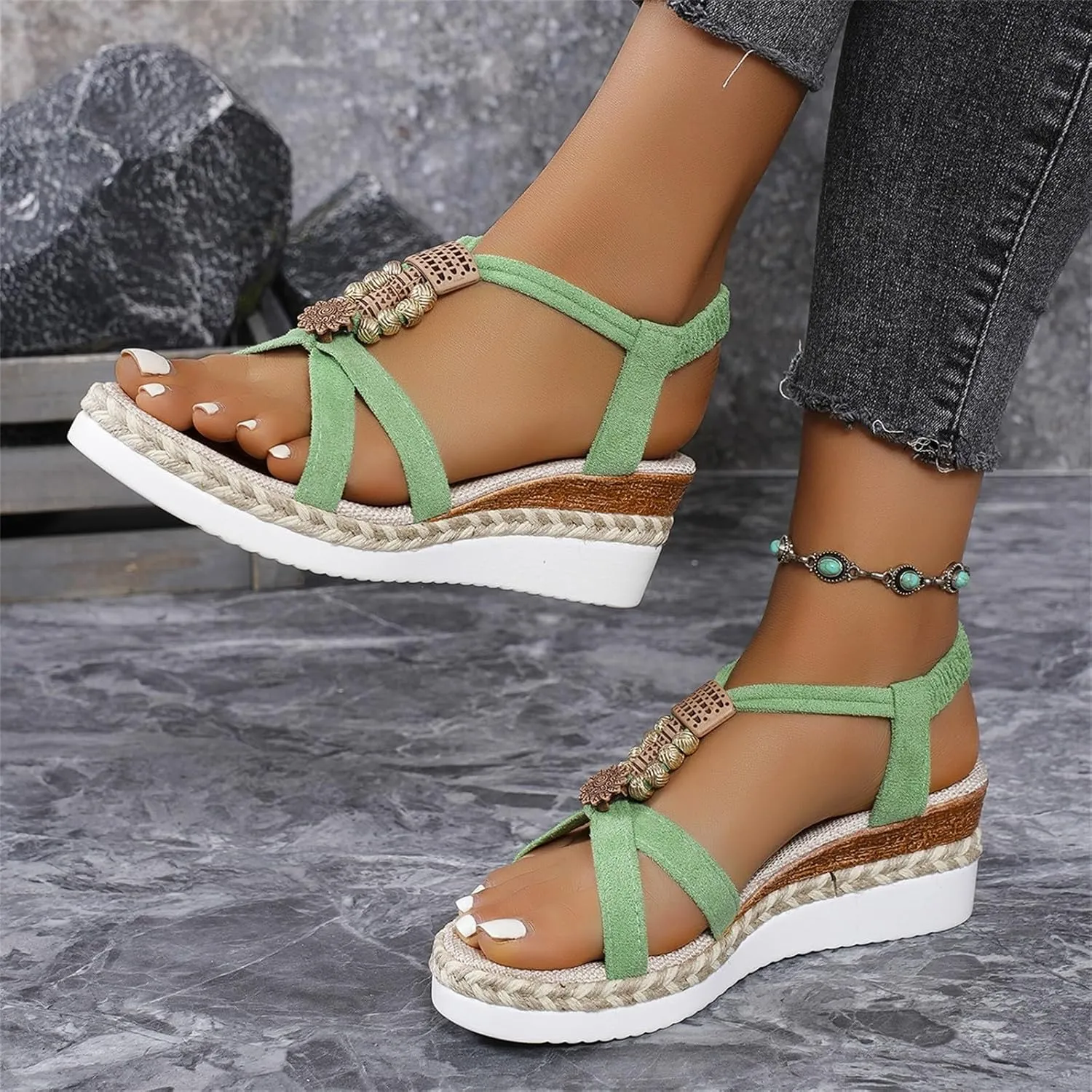 Women's Bohemian Fabric Wedge Sandals Summer Casual Beach Shoes with 5cm Heel for Jeans Outfits