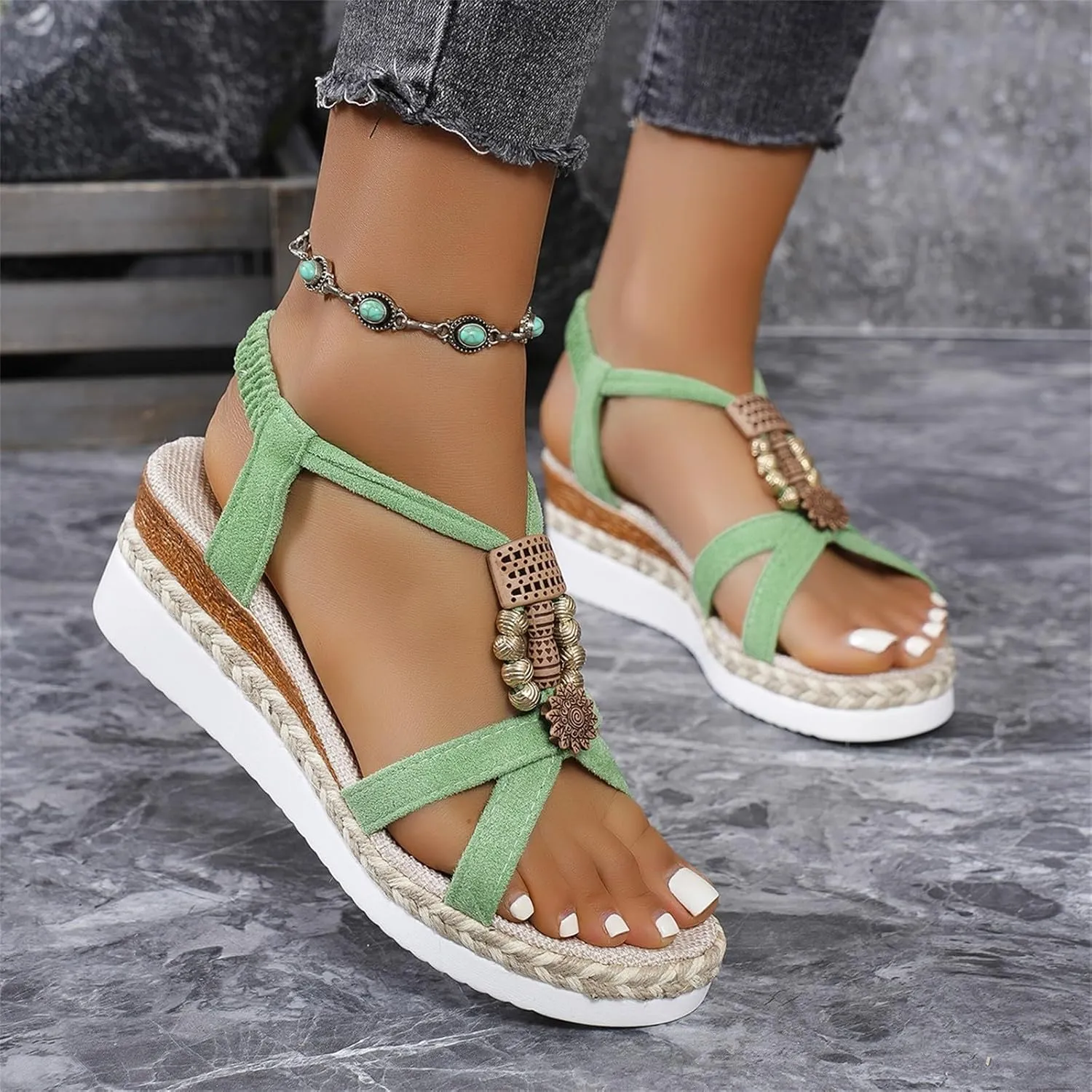 Women's Bohemian Fabric Wedge Sandals Summer Casual Beach Shoes with 5cm Heel for Jeans Outfits