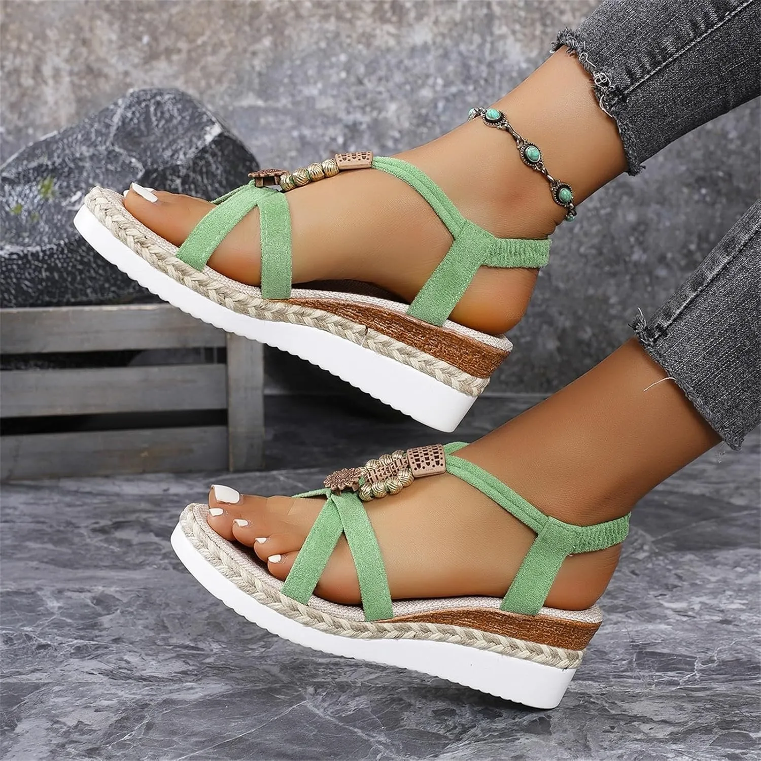 Women's Bohemian Fabric Wedge Sandals Summer Casual Beach Shoes with 5cm Heel for Jeans Outfits