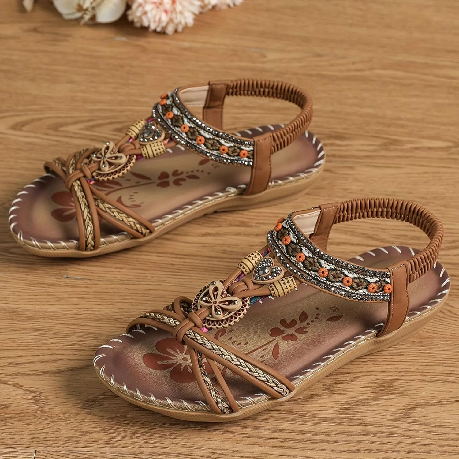 Women's Bohemian Sandals Summer Low Heel Slip On Ethnic Style Comfortable Beach Walking Casual Dressy Flat Sandal for Outfits