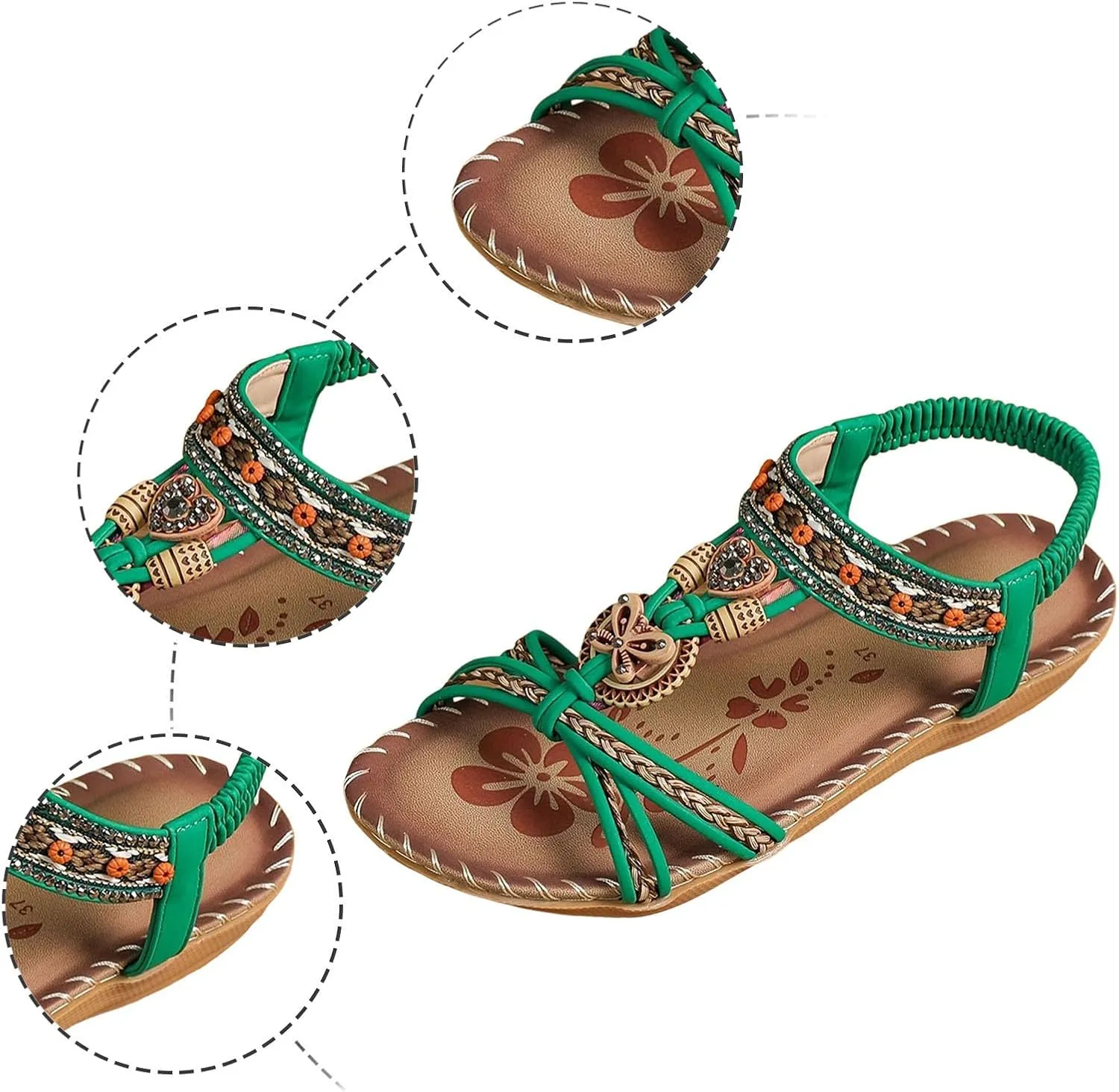 Women's Bohemian Sandals Summer Low Heel Slip On Ethnic Style Comfortable Beach Walking Casual Dressy Flat Sandal for Outfits