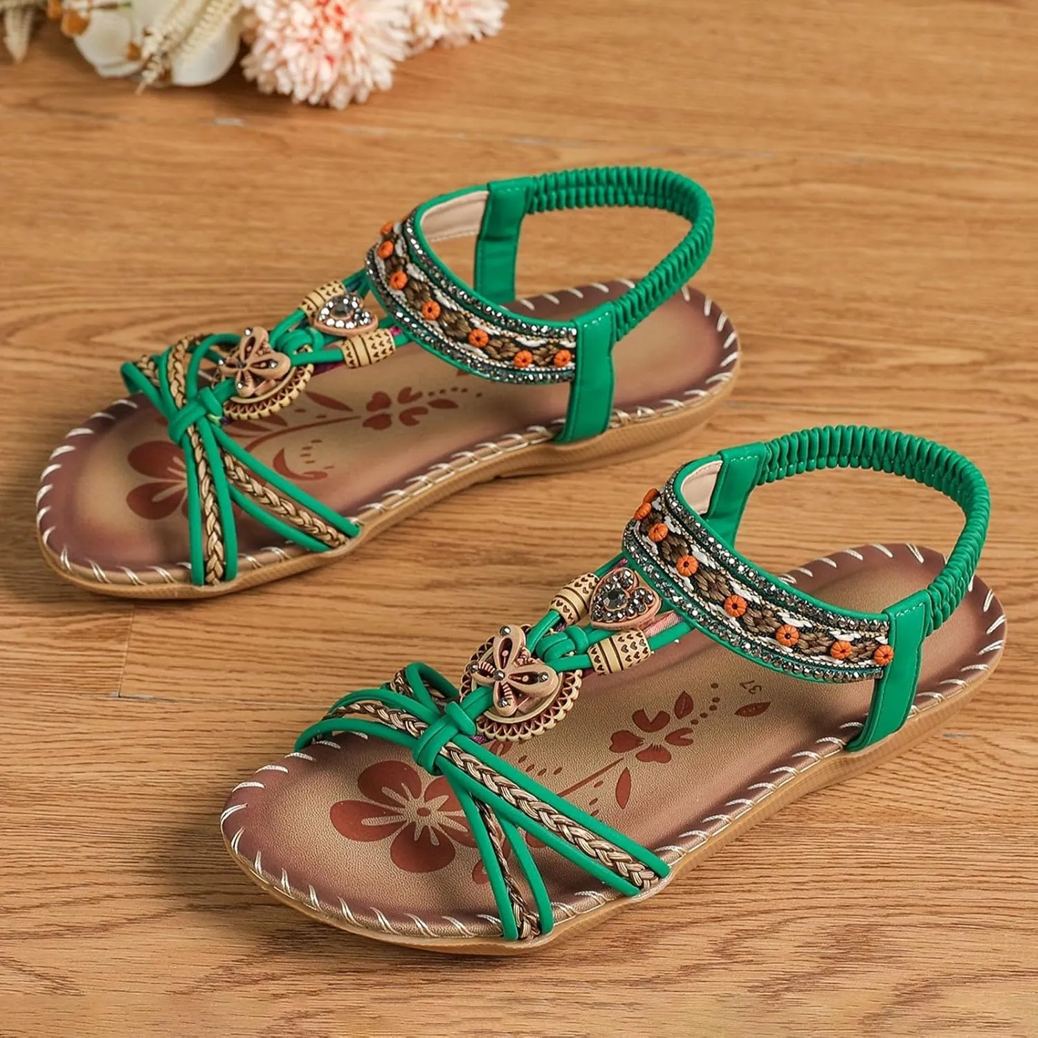 Women's Bohemian Sandals Summer Low Heel Slip On Ethnic Style Comfortable Beach Walking Casual Dressy Flat Sandal for Outfits