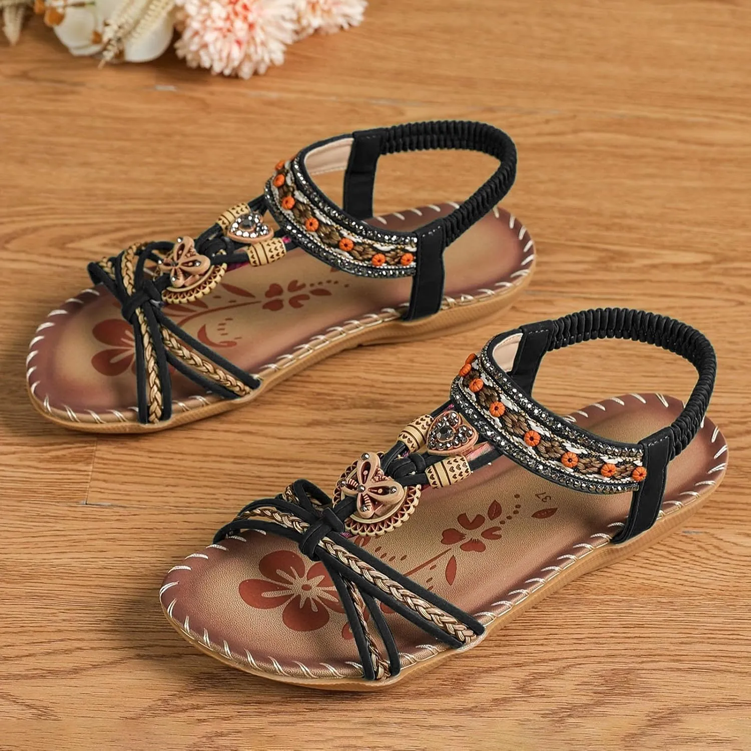 Women's Bohemian Sandals Summer Low Heel Slip On Ethnic Style Comfortable Beach Walking Casual Dressy Flat Sandal for Outfits