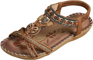 Women's Bohemian Sandals Summer Low Heel Slip On Ethnic Style Comfortable Beach Walking Casual Dressy Flat Sandal for Outfits