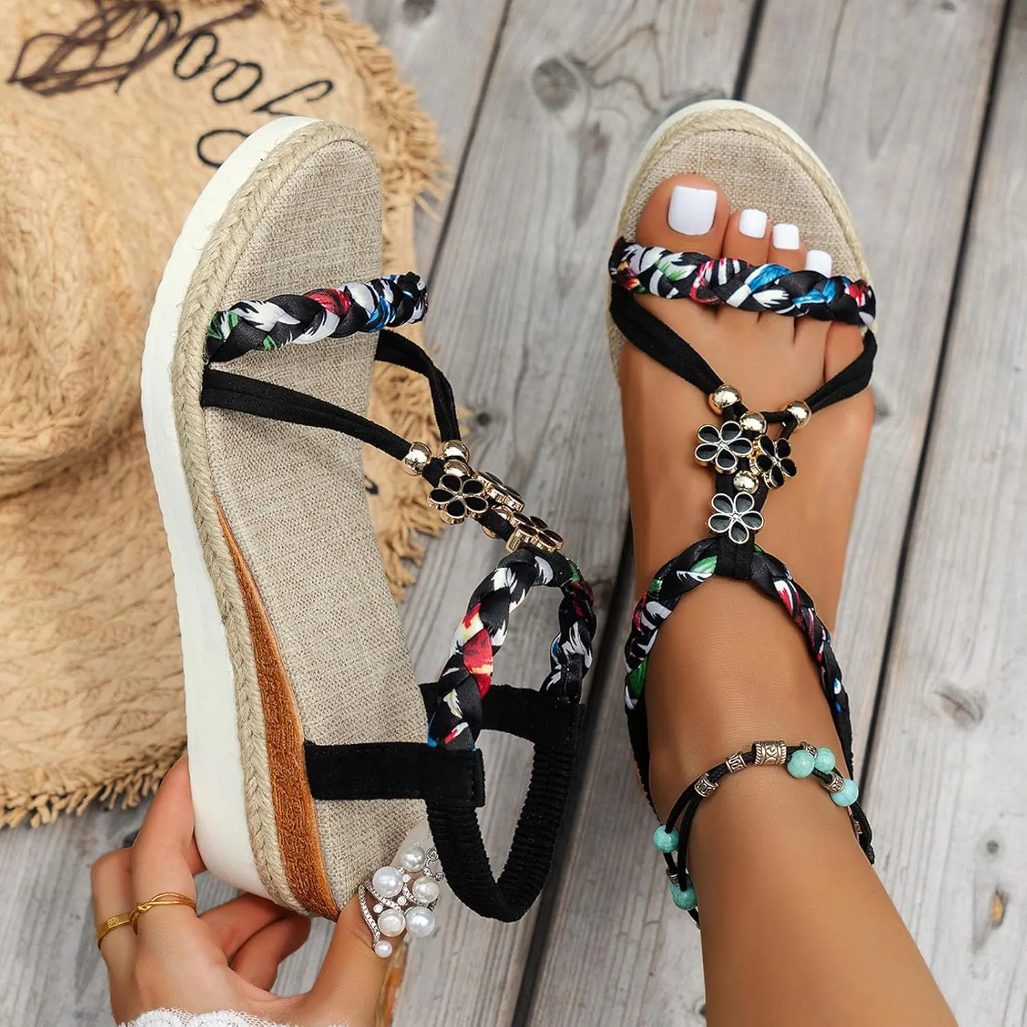 Women's Bohemian Summer Sandals Rhinestone Beaded Flat Casual Beach Shoes Comfortable Elastic Slip On Ankle Strap