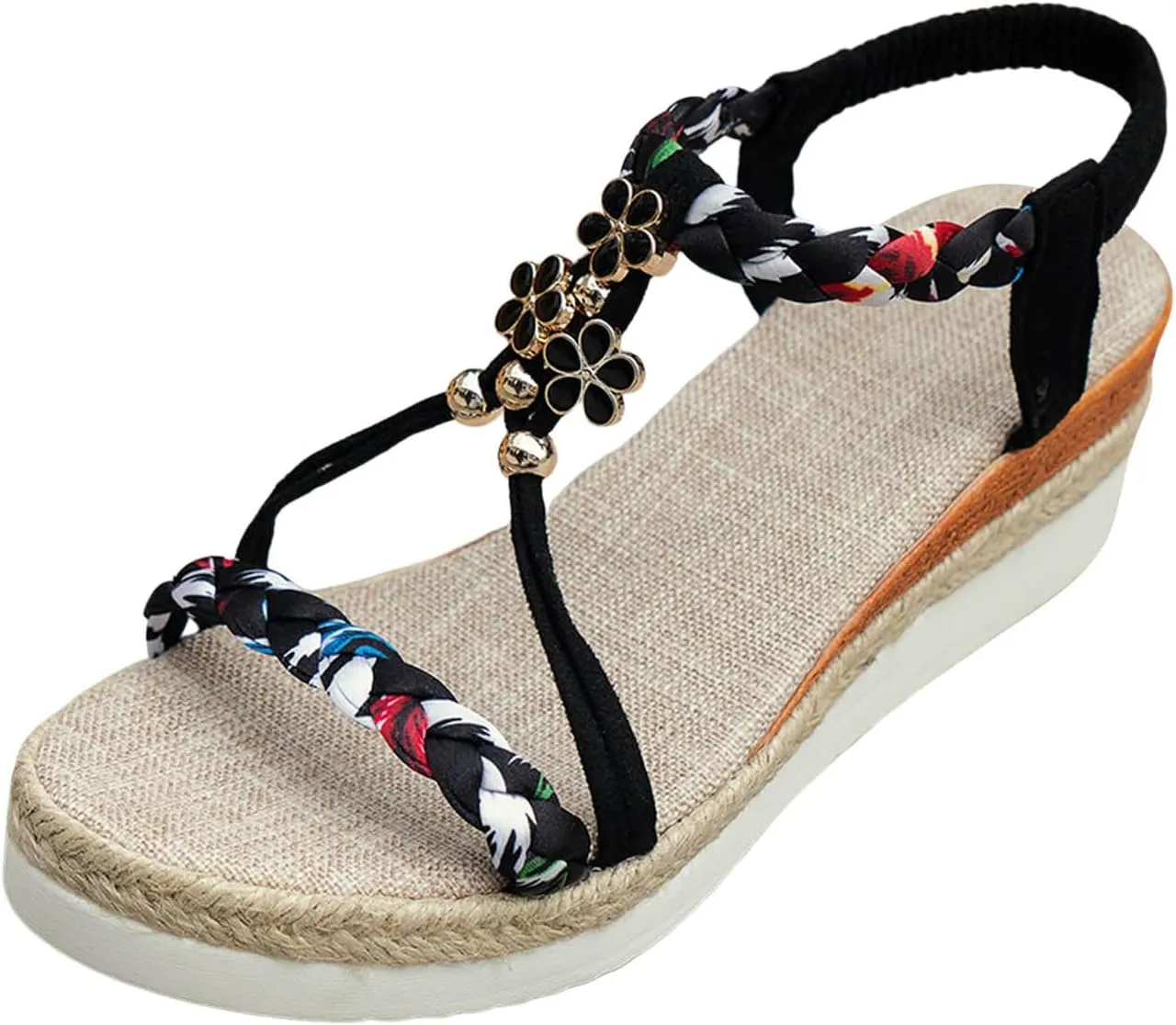 Women's Bohemian Summer Sandals Rhinestone Beaded Flat Casual Beach Shoes Comfortable Elastic Slip On Ankle Strap