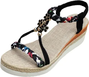 Women's Bohemian Summer Sandals Rhinestone Beaded Flat Casual Beach Shoes Comfortable Elastic Slip On Ankle Strap