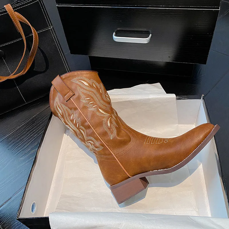 Women's brown cowboy boots Embroidery mid calf western boots