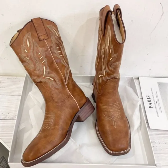 Women's brown cowboy boots Embroidery mid calf western boots