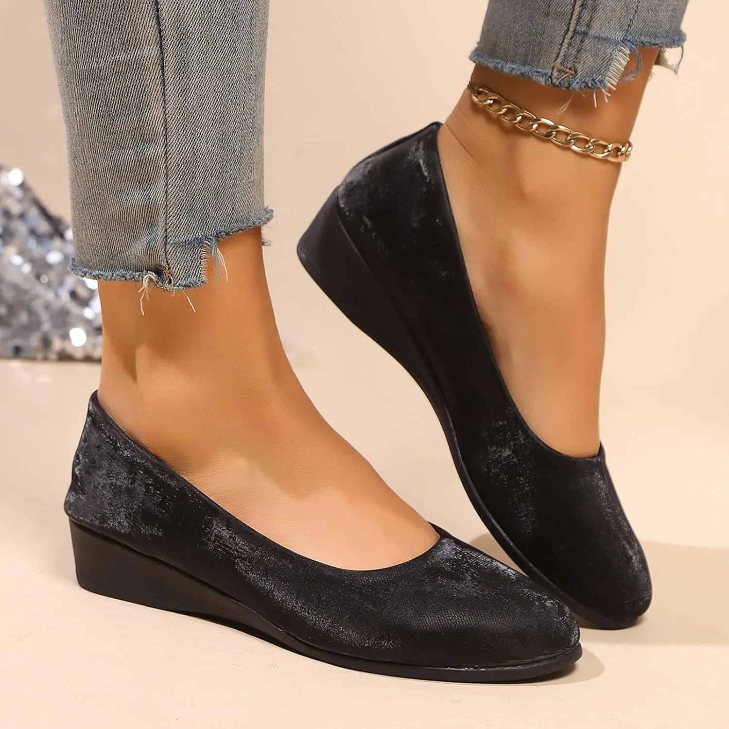 Women's Casual Shoes for Everyday Wear Sleek Satin Design Closed Toe and Heel Comfortable Wedge Wide Summer Shoe