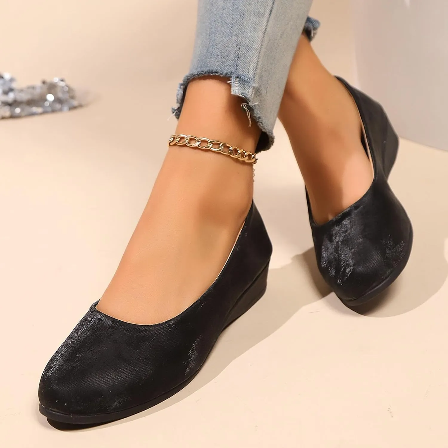 Women's Casual Shoes for Everyday Wear Sleek Satin Design Closed Toe and Heel Comfortable Wedge Wide Summer Shoe