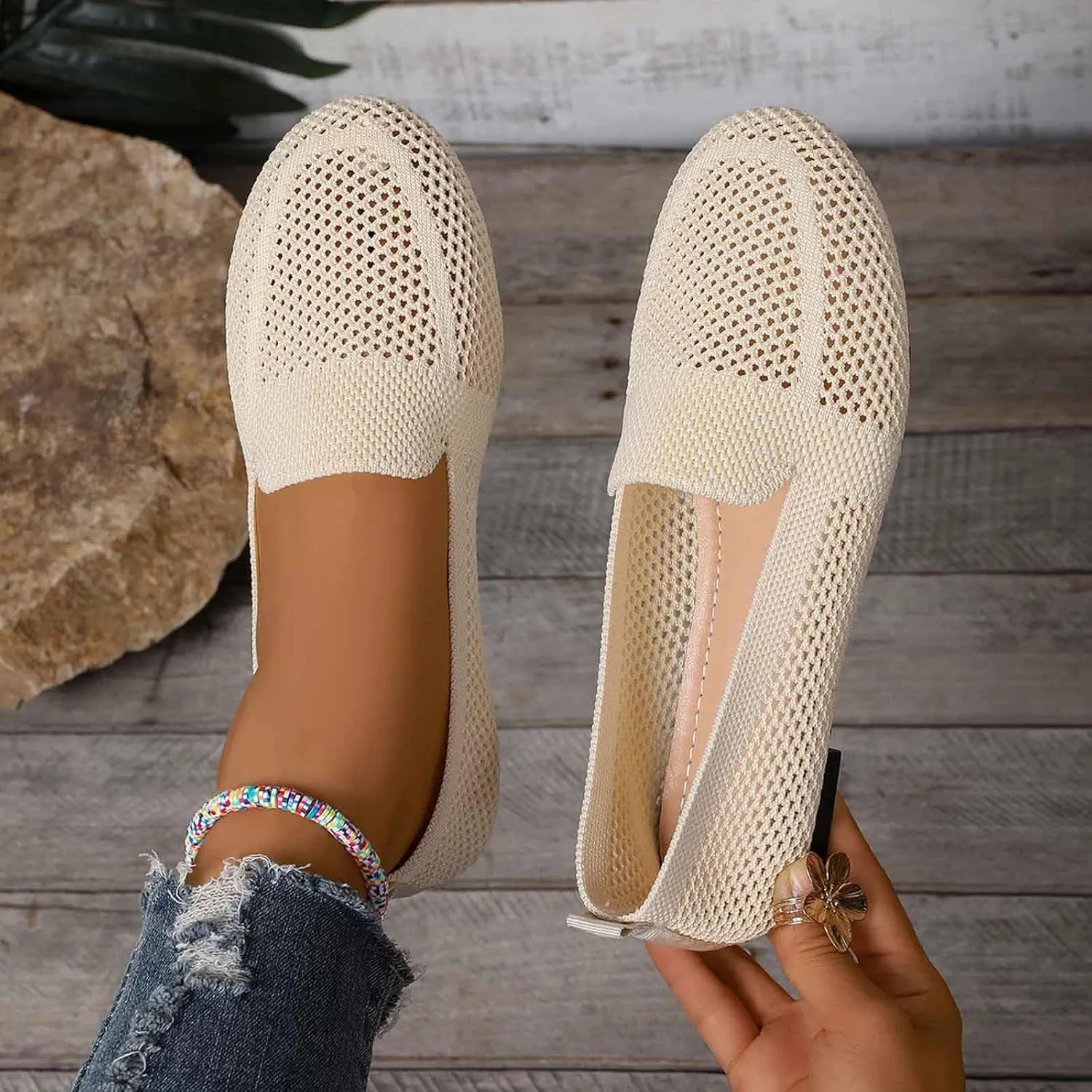 Women's Casual Slip On Shoes Breathable Knit Mesh Flat Comfortable Walking Loafers Daily Wear with Sandals Women Summer