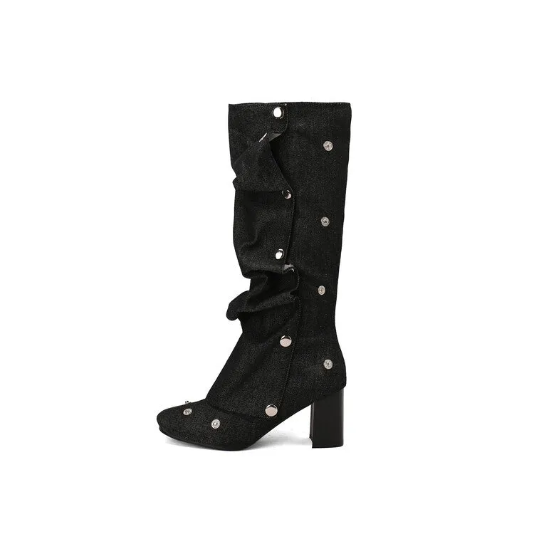 Women's Denim Pleated Rivets Square Toe Block Heel Knee High Boots