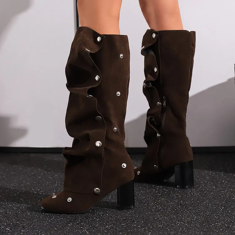Women's Denim Pleated Rivets Square Toe Block Heel Knee High Boots
