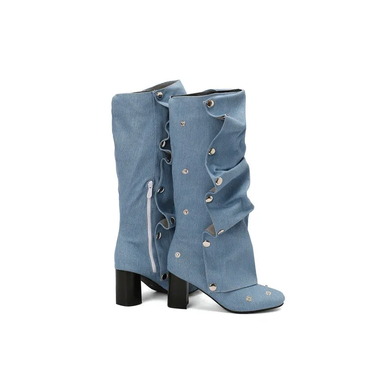 Women's Denim Pleated Rivets Square Toe Block Heel Knee High Boots