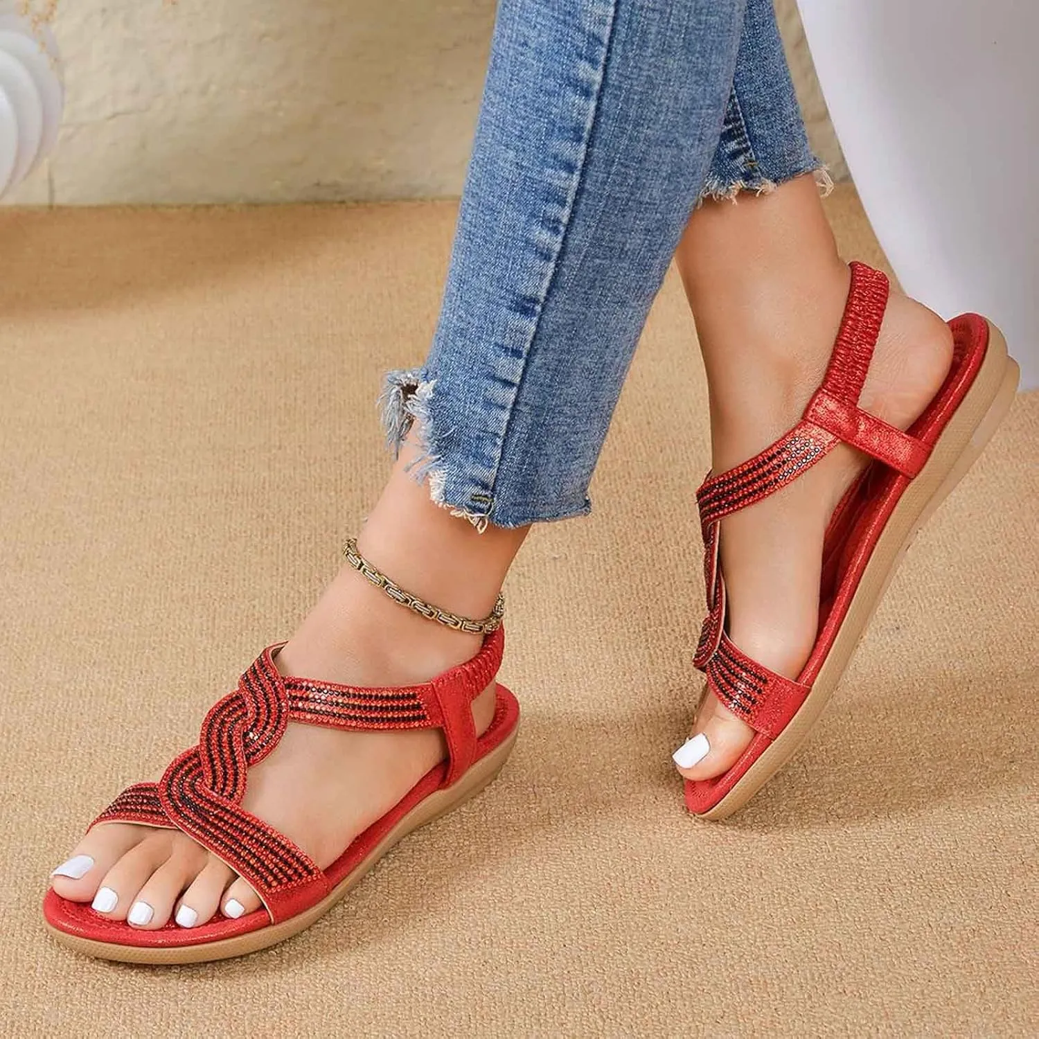 Women's Flat Sandals Breathable Comfortable Slip On Summer Beach Shoes Dressy Casual Lightweight Elastic Strap