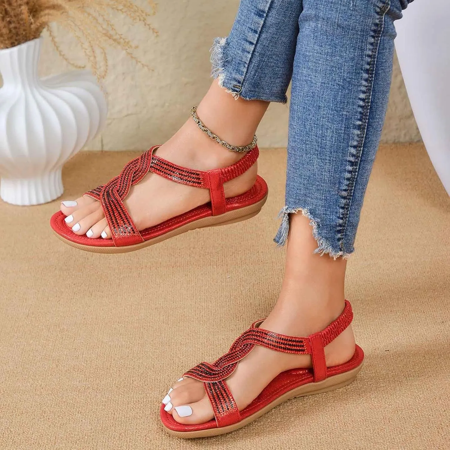 Women's Flat Sandals Breathable Comfortable Slip On Summer Beach Shoes Dressy Casual Lightweight Elastic Strap