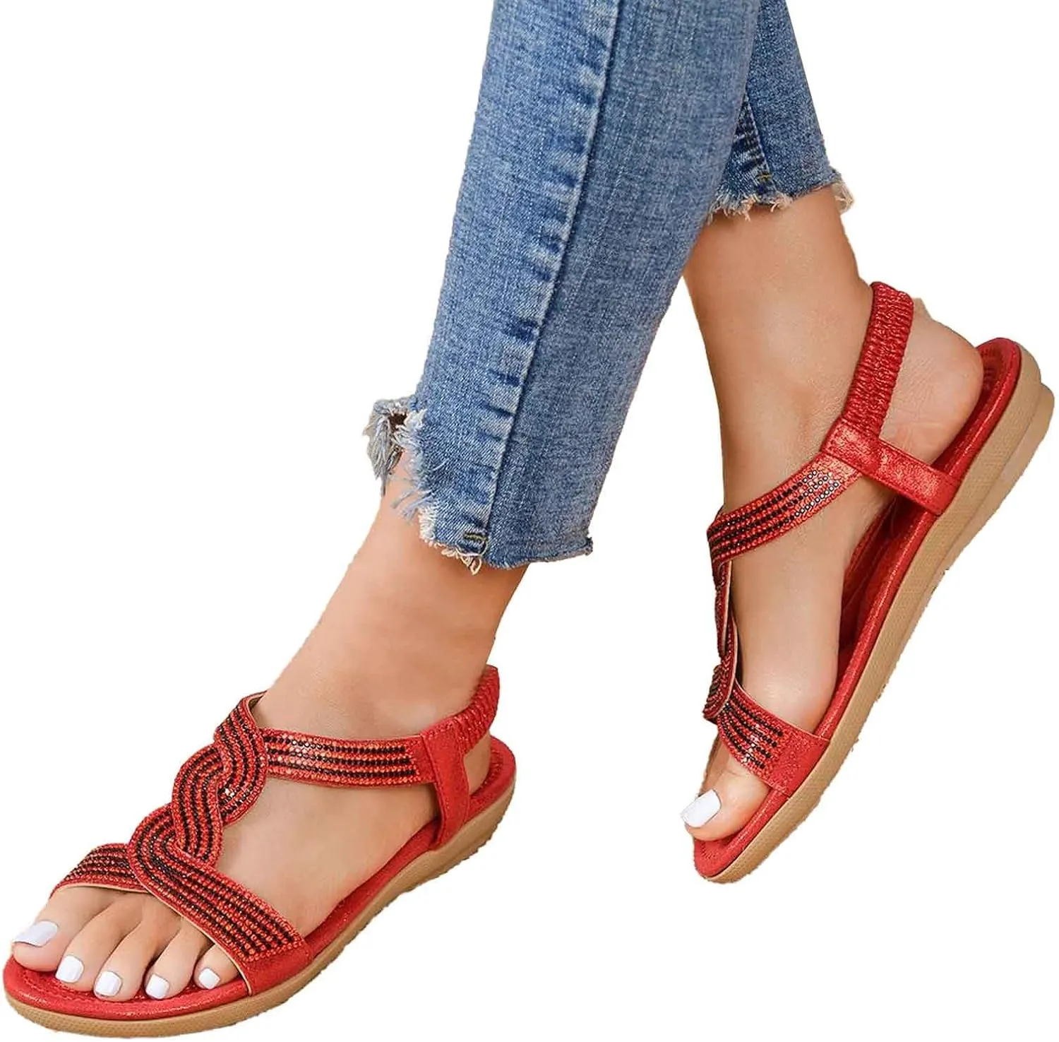 Women's Flat Sandals Breathable Comfortable Slip On Summer Beach Shoes Dressy Casual Lightweight Elastic Strap