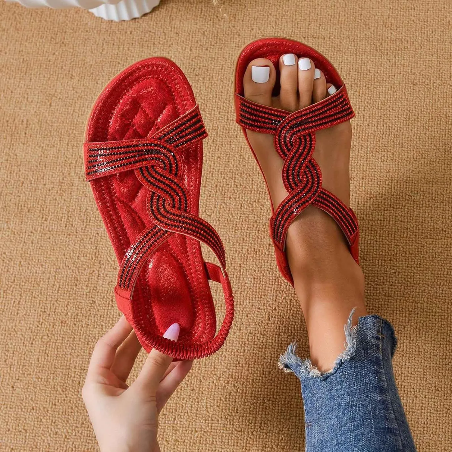 Women's Flat Sandals Breathable Comfortable Slip On Summer Beach Shoes Dressy Casual Lightweight Elastic Strap
