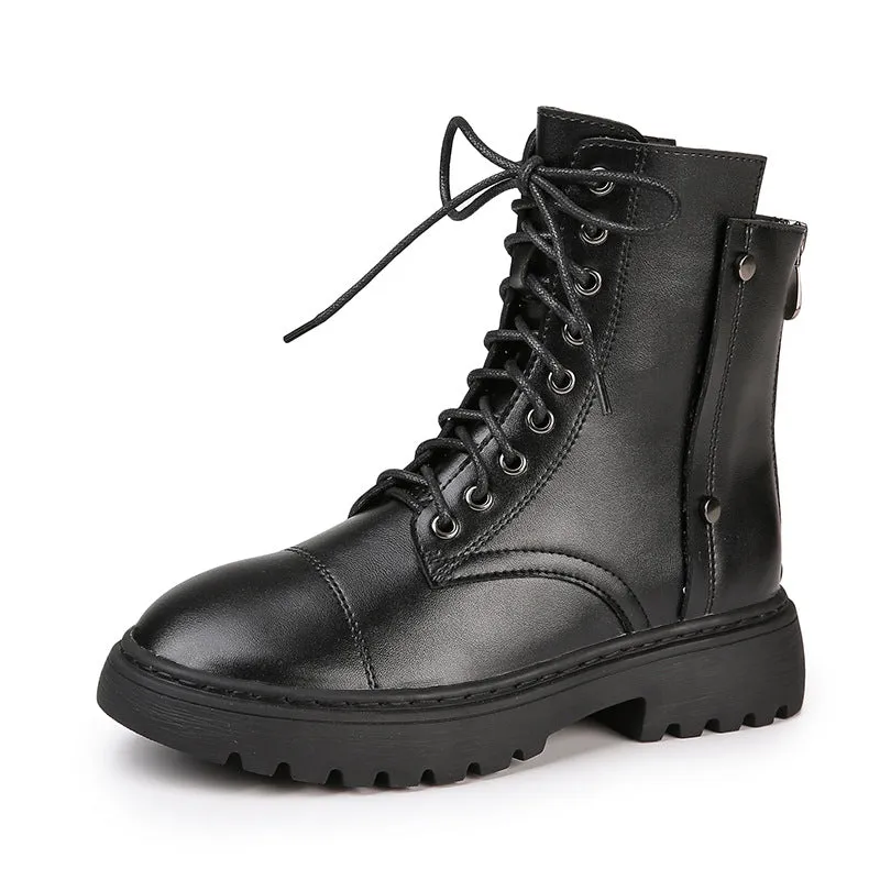 Women's flat thick platform combat boots back zipper biker boots