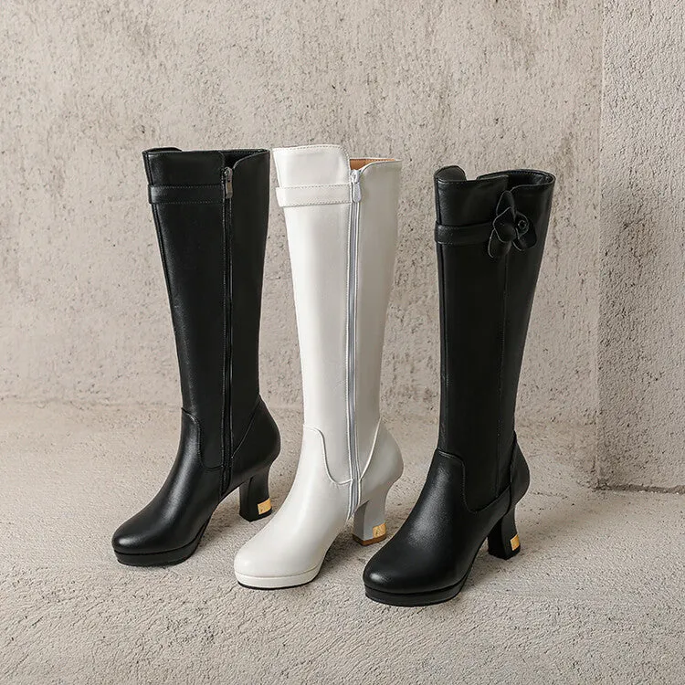 Women's Flowers Decoration Hoof Heel Platform Knee High Boots