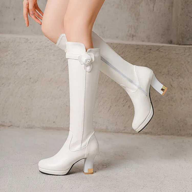 Women's Flowers Decoration Hoof Heel Platform Knee High Boots