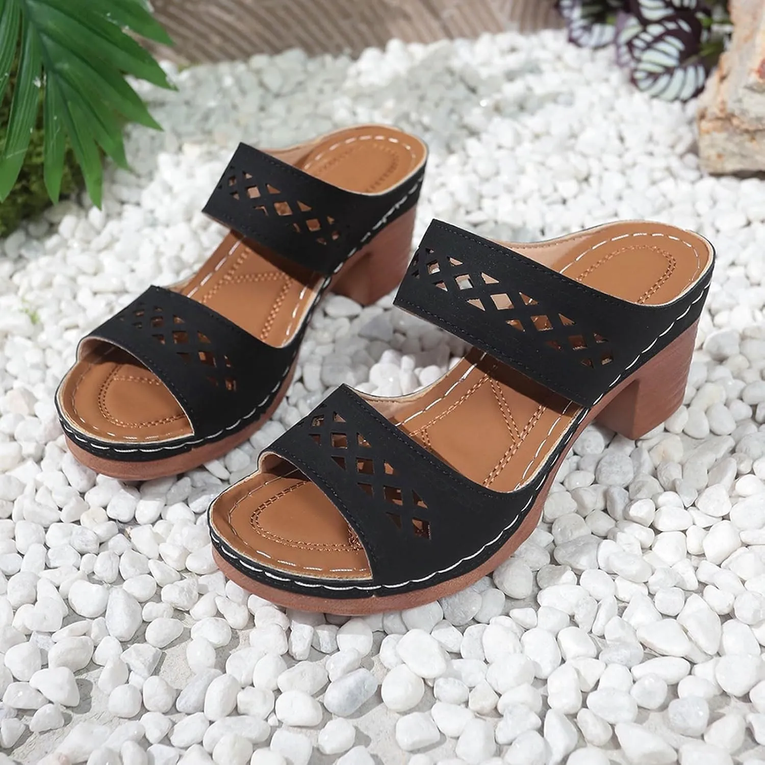 Women's Heeled Sandals Open Toe Slip On Block Womens Chunky Mid Heels Ankle Strap Sandal Slippers