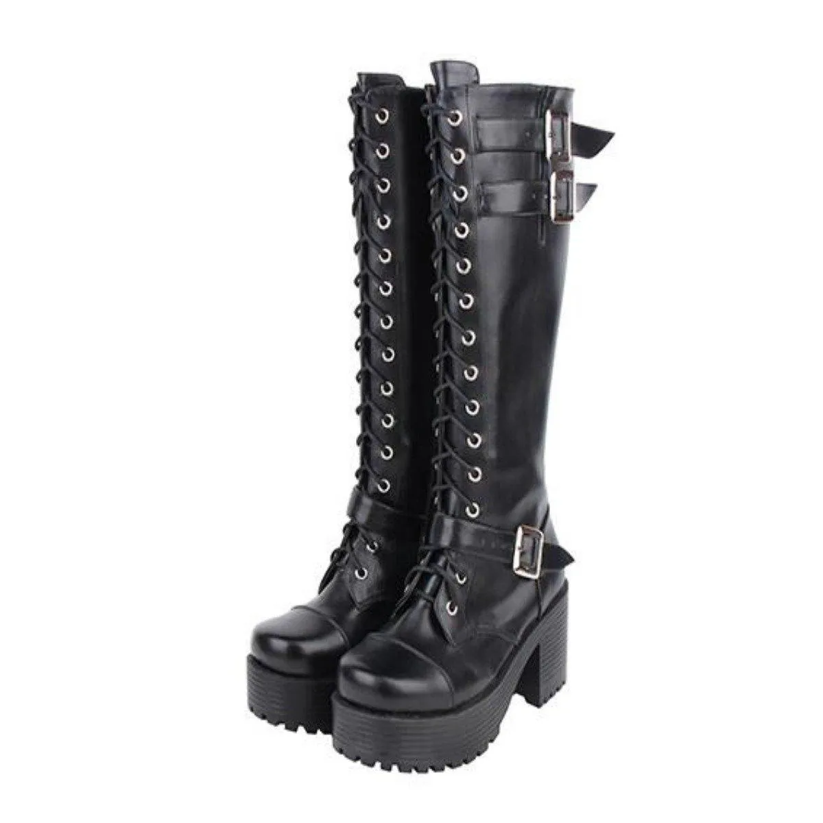 Women's Knee High Buckle Strap Punk Boots