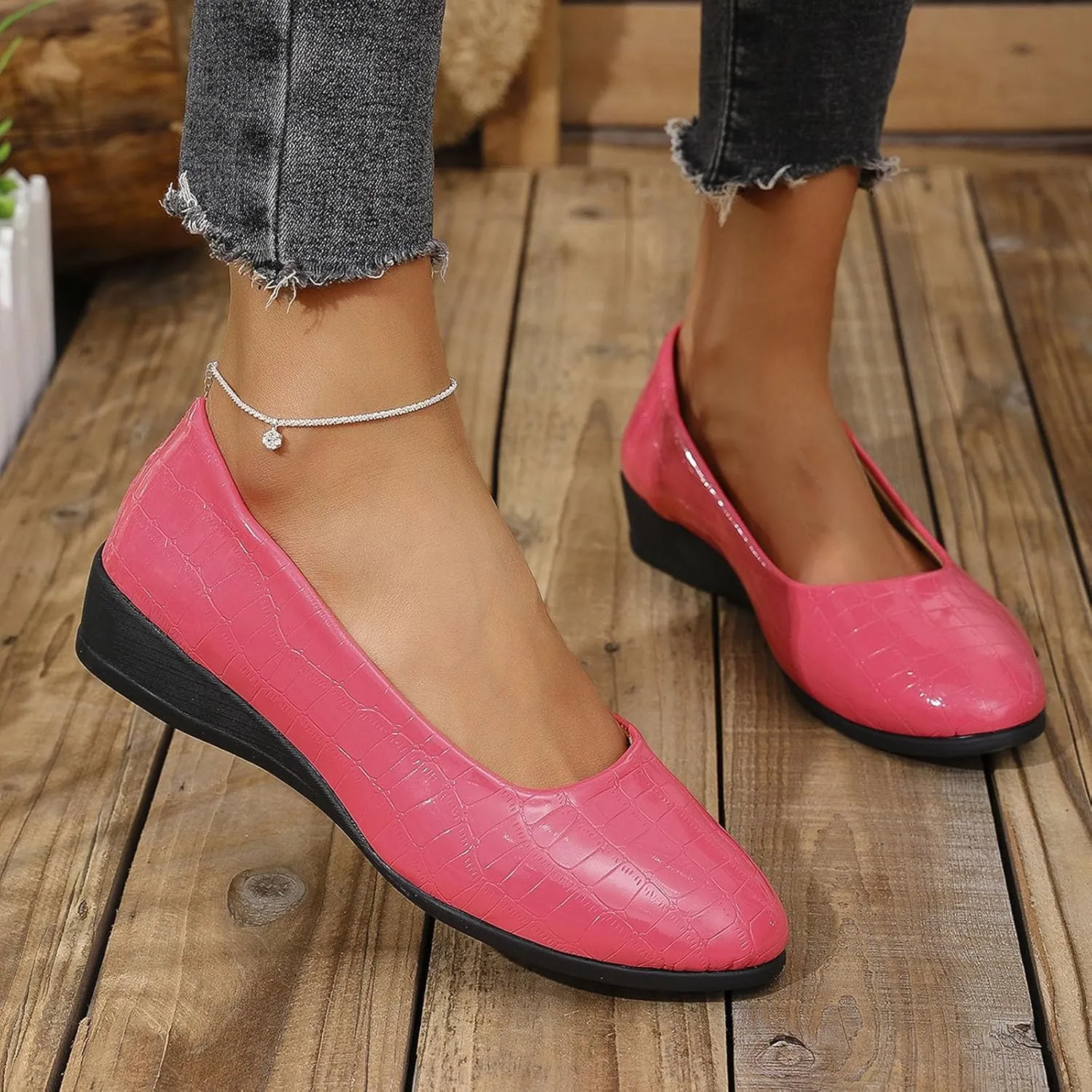 Women's Leather Closed Toe 2 Inch Mid Wedges Heels with Arch Support Round Toe Comfortable Dress for Sneaker Casual Shoe