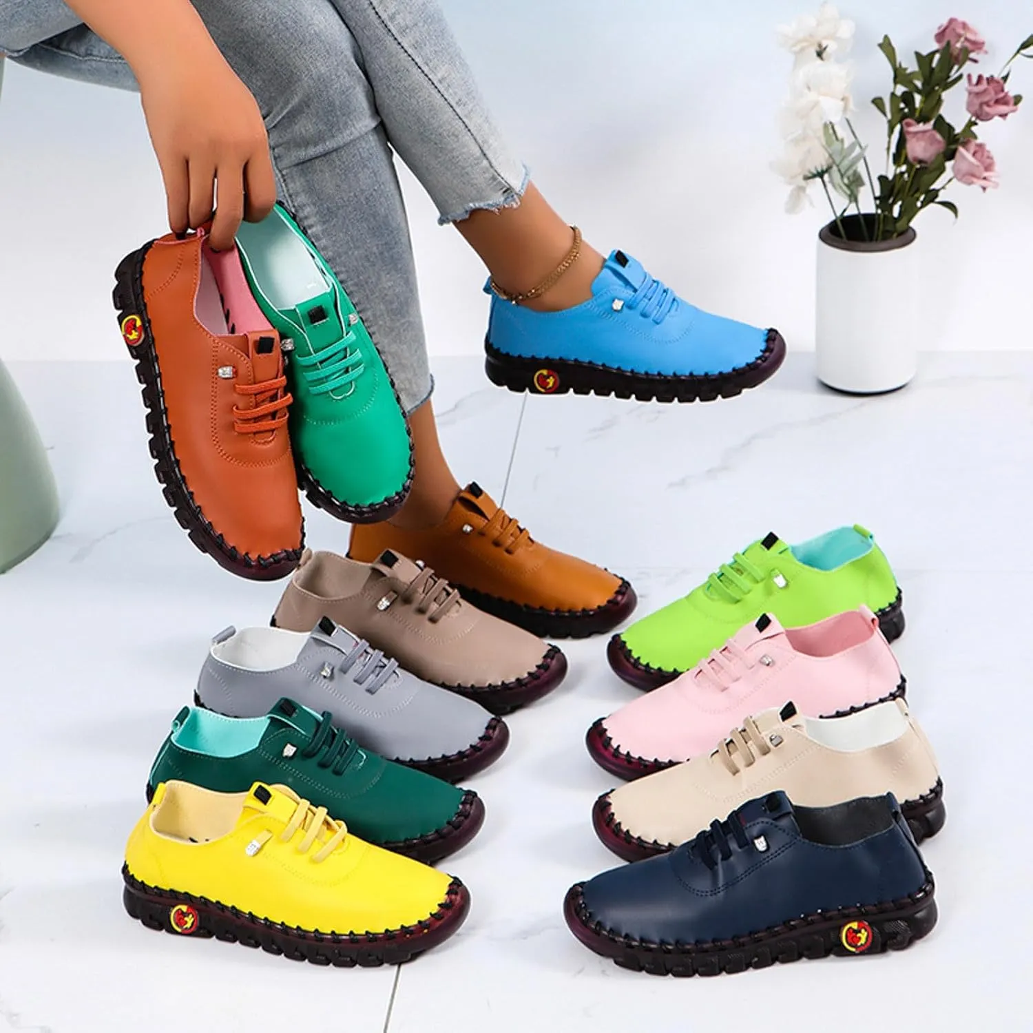 Women's Leather Soft Bottom Flat Slip-on Loafers Fashion Handmade Walking Comfort Orthopedic Relief Casual Shoes