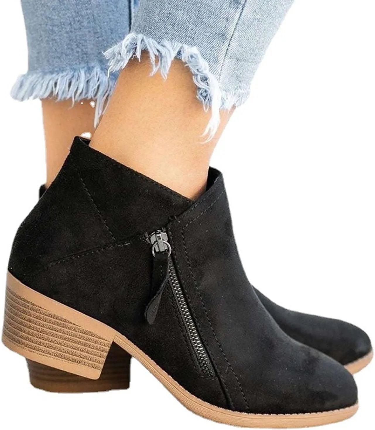 Women's Low-Heeled Chelsea Boots Fashion Pointed Toe Chunky Stacked Heel Booties Autumn Winter Side Zip Ankle Bootie