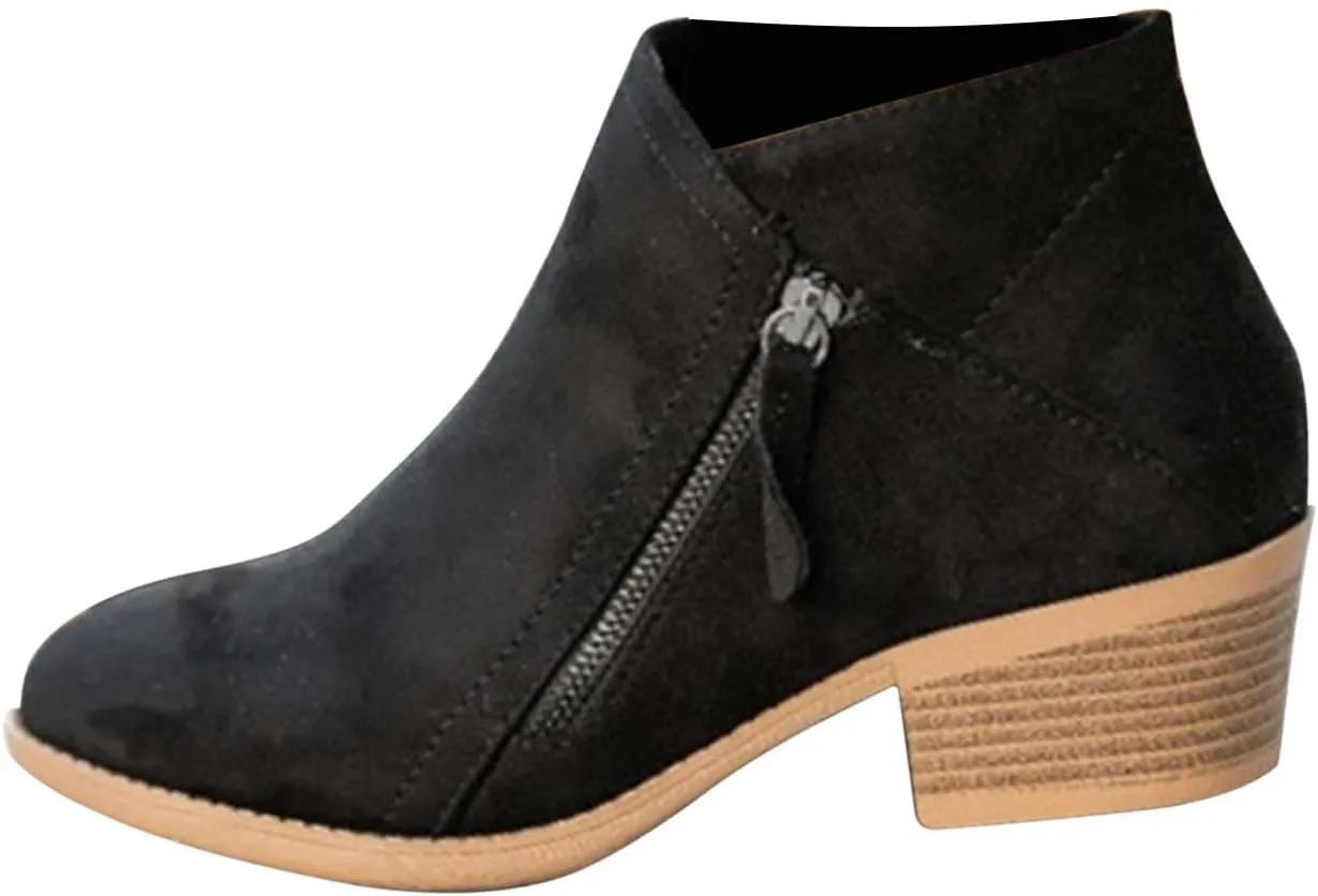 Women's Low-Heeled Chelsea Boots Fashion Pointed Toe Chunky Stacked Heel Booties Autumn Winter Side Zip Ankle Bootie