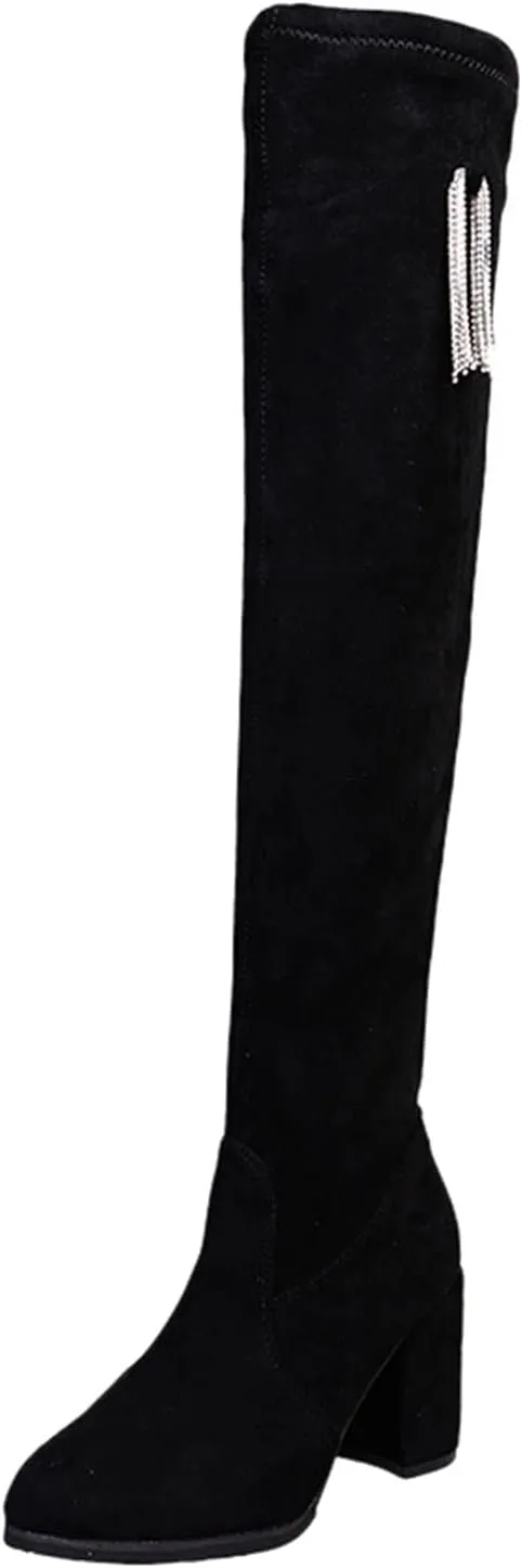 Women's Shoes Boots Retro Chunky Thigh High Heels Breathable Zipper 8CM Fashion Women's Boots Womens Snow Winter Boots (Black, 8)