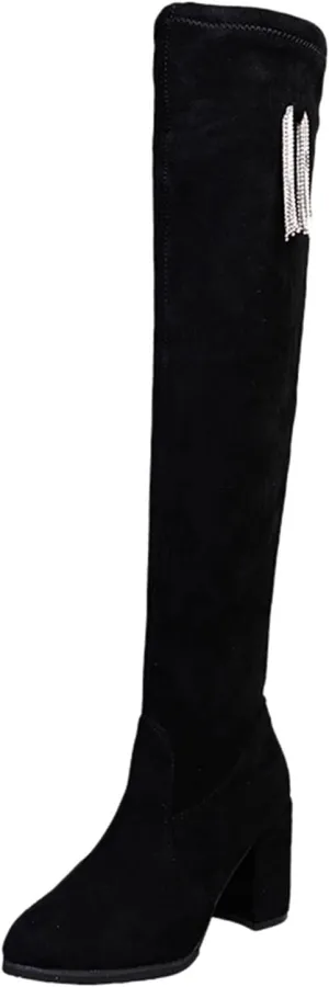 Women's Shoes Boots Retro Chunky Thigh High Heels Breathable Zipper 8CM Fashion Women's Boots Womens Snow Winter Boots (Black, 9)