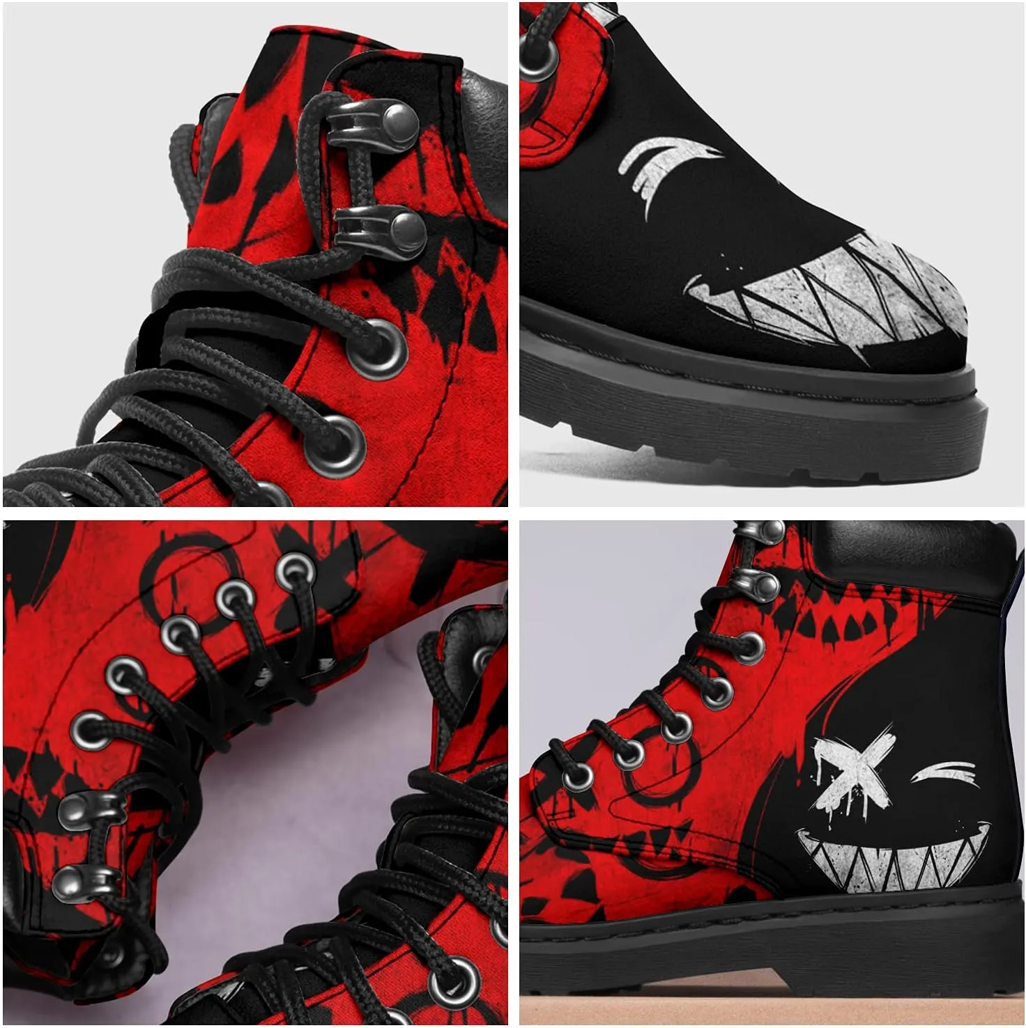 Women's Skulls and Flowers Combat Boot Hippie Vagen Leather Boots Classic Fashion Lace Up Ankle Booties for Men