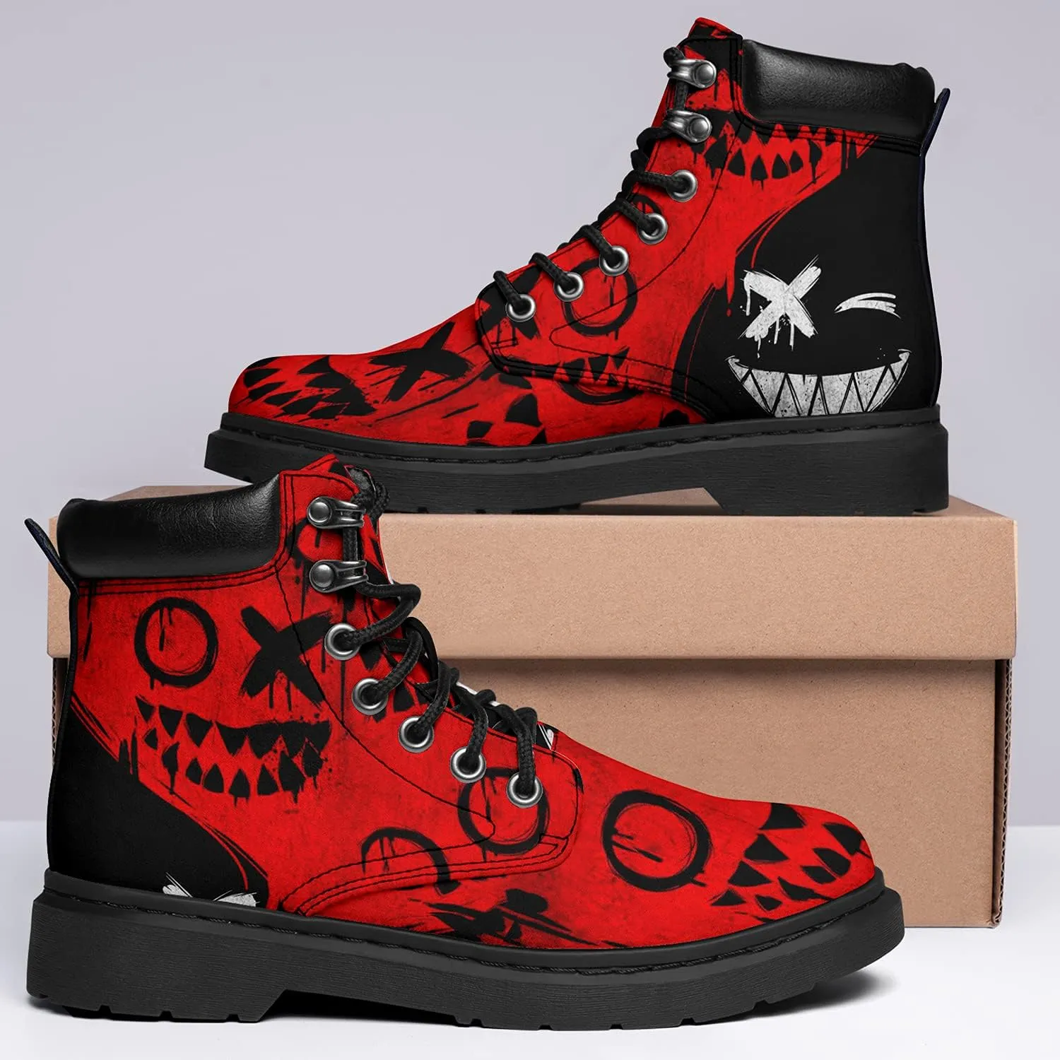 Women's Skulls and Flowers Combat Boot Hippie Vagen Leather Boots Classic Fashion Lace Up Ankle Booties for Men