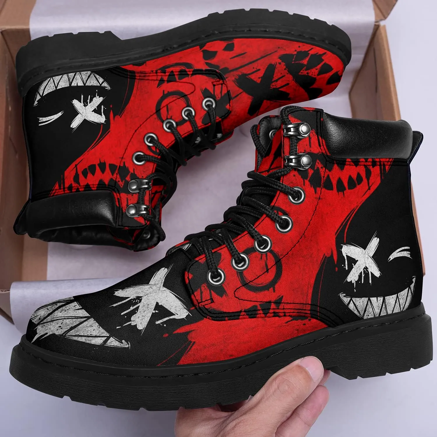 Women's Skulls and Flowers Combat Boot Hippie Vagen Leather Boots Classic Fashion Lace Up Ankle Booties for Men